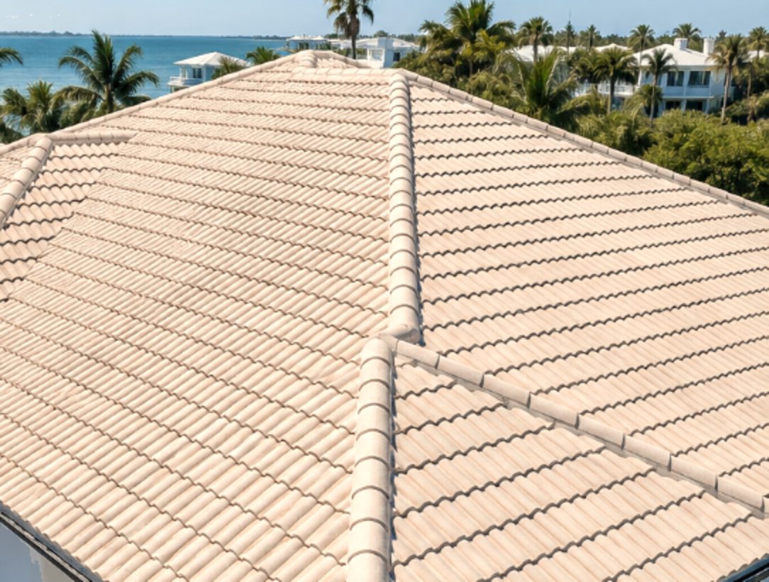 Freshly soft-washed barrel tile roof on a waterfront Florida home